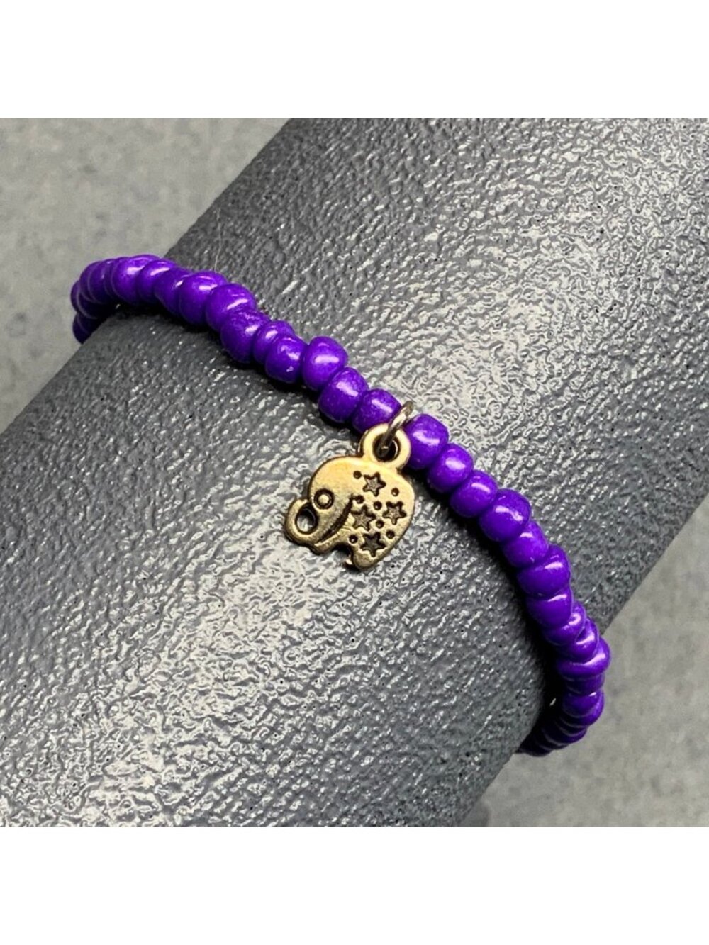Elephant Charm Stretch Bracelet 7 In Purple Seed Bead Gold Accent Lucky Star